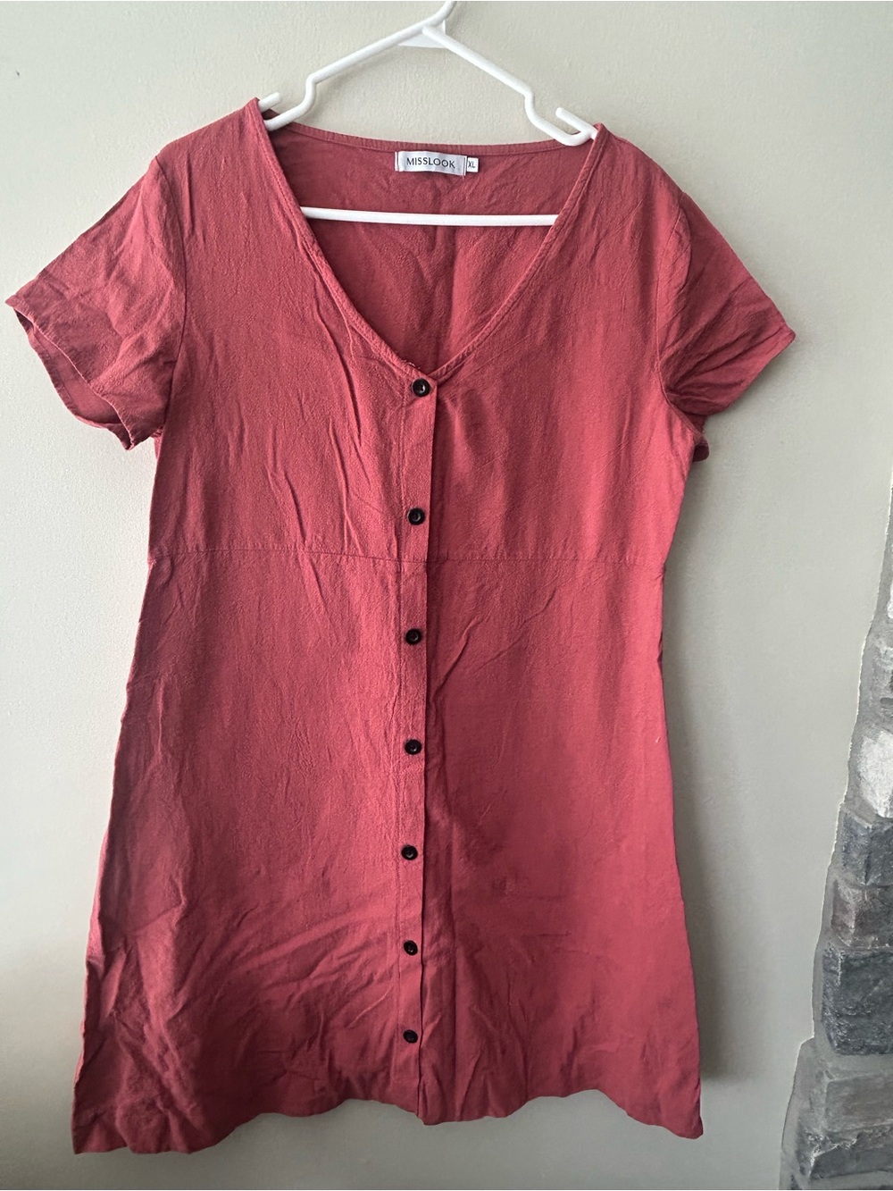 MISSLOOK Rose Button-Front Short Sleeve Dress.. Terra cotta color